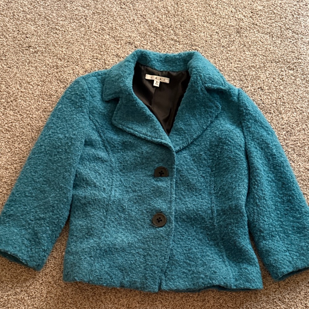 CAbi Teal Bouclé Cropped Peacoat Jacket